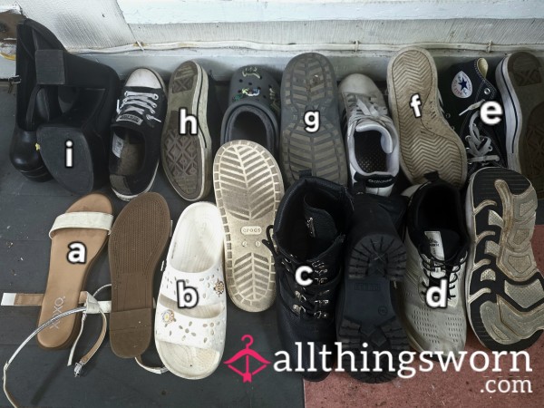 A**ortment Of Shoes Gym, Sandles, Heels, All Well Worn