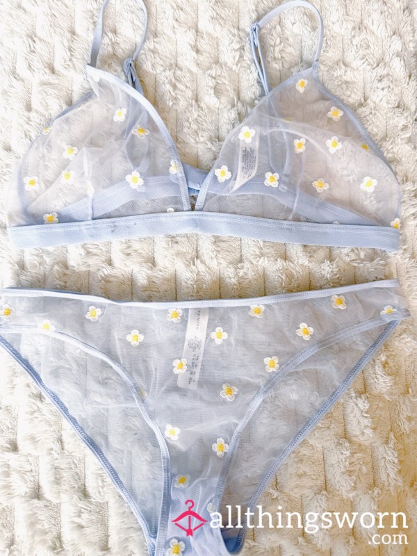 Flor*l Baby Blue Mesh Panties And Bralette 🩵