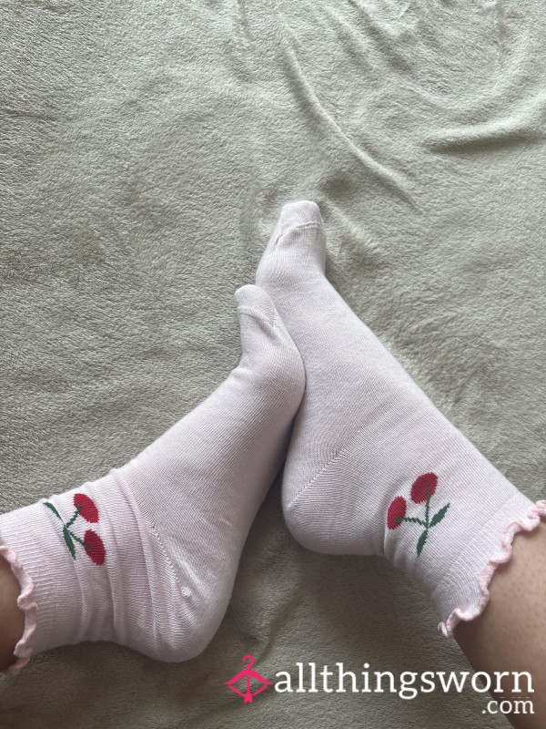 Baby Pink Cherry Frilly Socks Used & Worn Cute S**y Feet 🍒