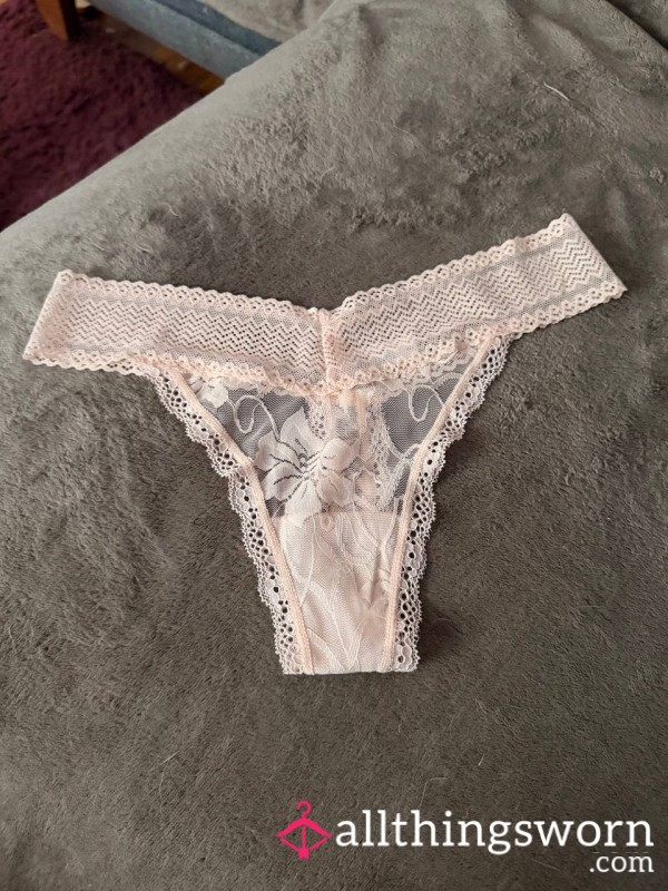 Baby Pink Mesh Lace With Flowers Thong