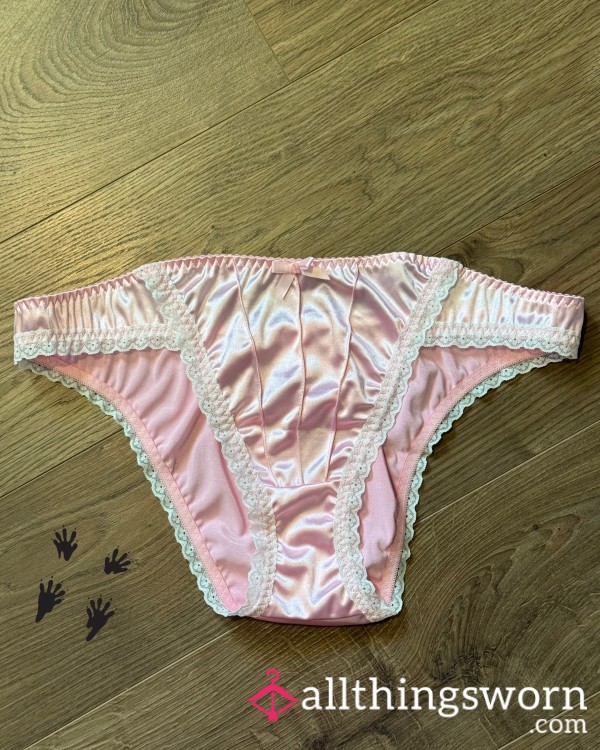 Baby Pink Satin Bikini Cut Full Back Panties With White Lace Details And Bow For Custom Wear