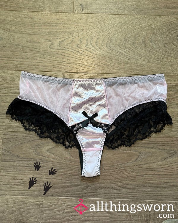 Baby Pink Satin Front Thong With Black Lace Details & Mesh Sides For Custom Wear