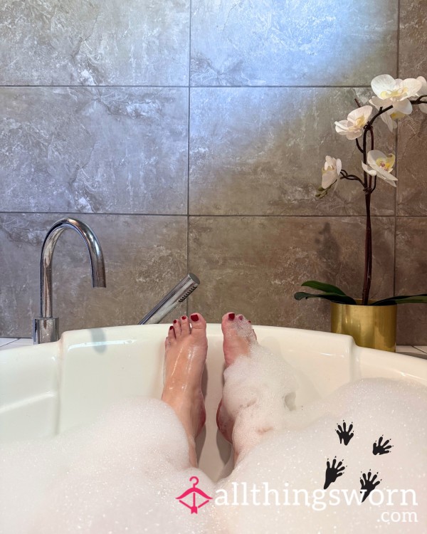 Barefoot In The Bubble Bath With Red Toe Nail Polish