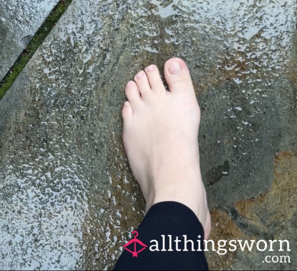 Barefoot In The Rain: Wet Natural Feet On Patio & Gra**