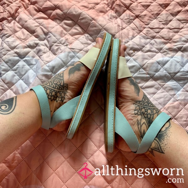 Battered Clarks Patent & Leather Blue & White Strappy Sandals