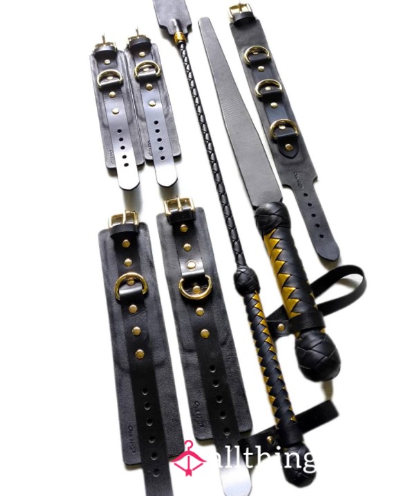 BDSM Bondage Set – Cane, Paddle, Collar & Cuffs Set