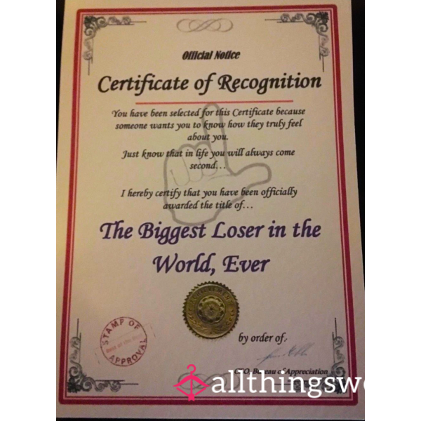 Be A Good Boy For Your Loser Certificate 😈