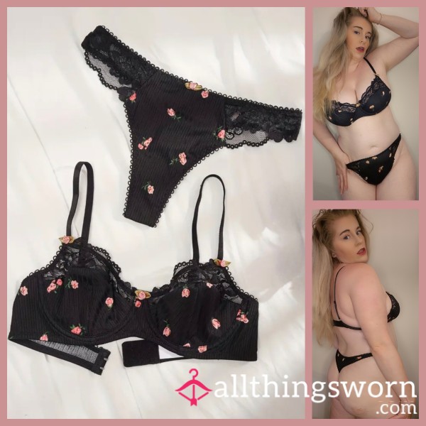 Beautiful Black Rose Print Bra And Thong Set ... Cla**ic And Elegant