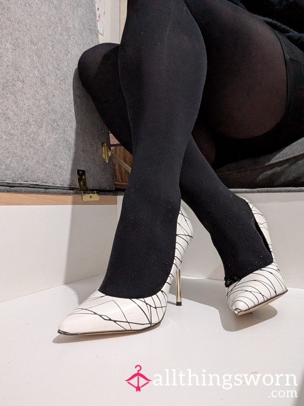 Beautiful High Heels - White With Black Pattern And Silver Heels