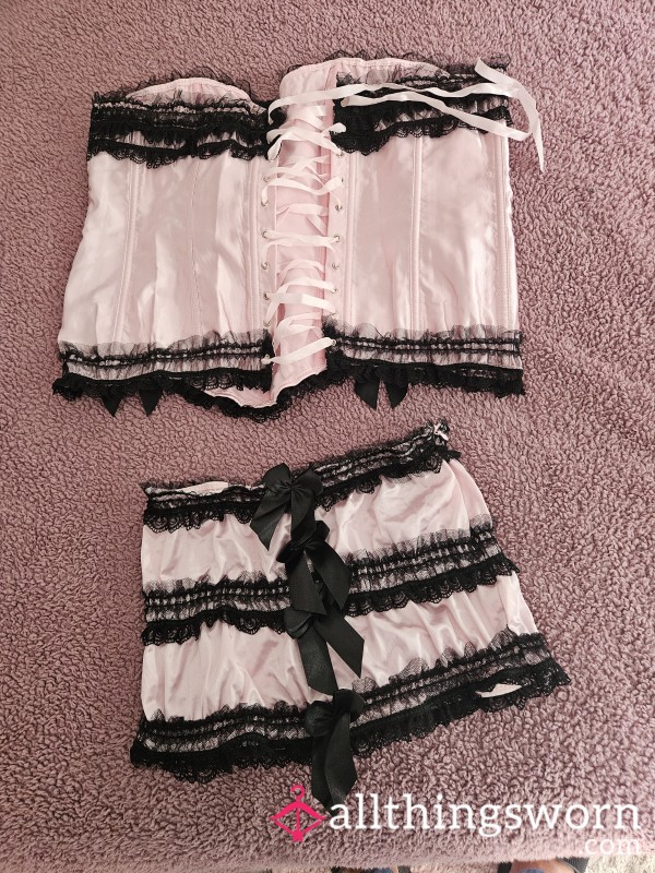 Beautiful Pink Satin With Black Lace And Bows Basque Matching Mini Skirt And G.string Ideal For All You Sissy's Price Includes Postage To.uk