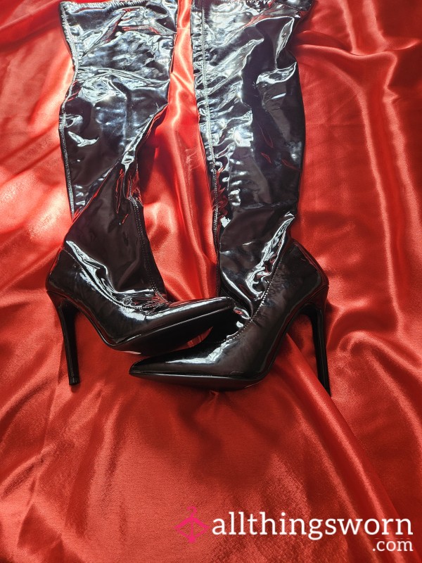 Beautifully Black Patent Shiny Very High Heel Boots.uk 4 Worn Many Times By Goddess Very S**y Very Wrinkly