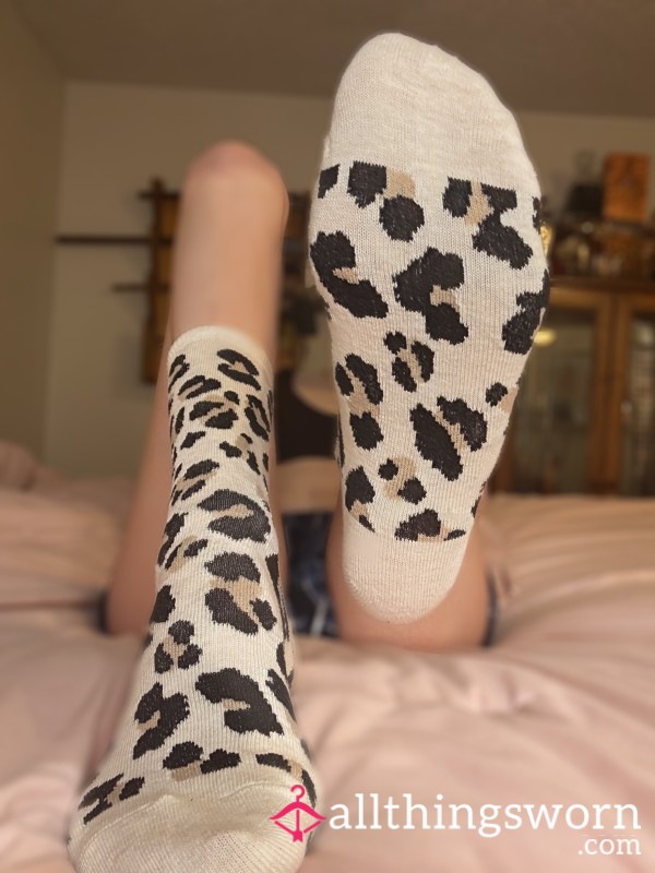 Beige Brown Leopard Print Crew Socks