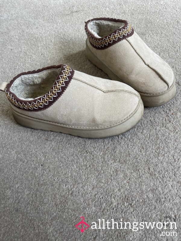 Beige Chunky-Sole UGG Slippers (Open-Back, Well-Worn)