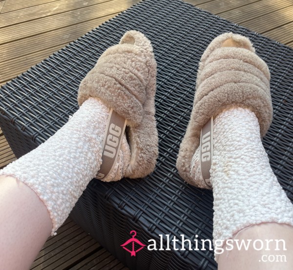 Beige Fluffy Fury Smelly Used Well Worn Ugg Slippers