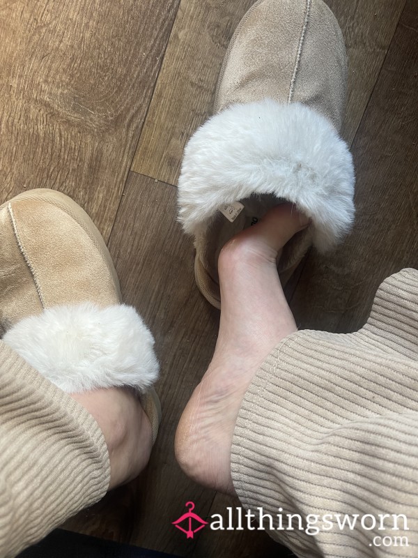 Beige Fluffy, Platform Slippers. Well Worn, Loved & Scented.