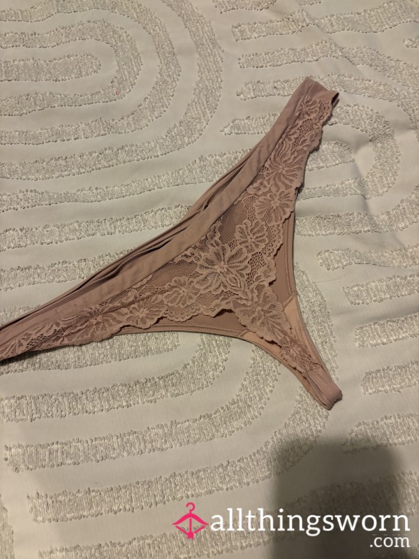 Beige Lace Thong Worn Today. 12 Hours Straight. Waiting For A New Owner