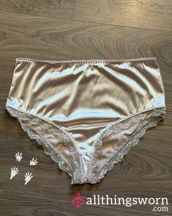 Beige Satin Full Back High Waist Panties With Lace Trim For Custom Wear