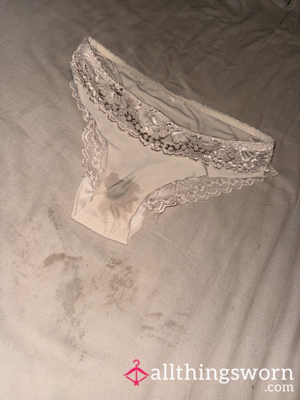 Beige Silk And Lace Panties Used During Masturbation