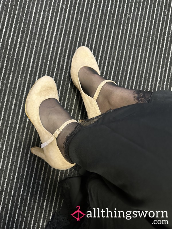 Beige Suede Mary Jane Heels - Worn