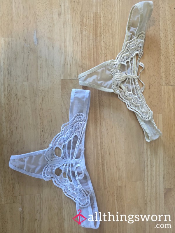 🖤 Beige & White Bu*terfly Lace Thong – Worn & Intimate