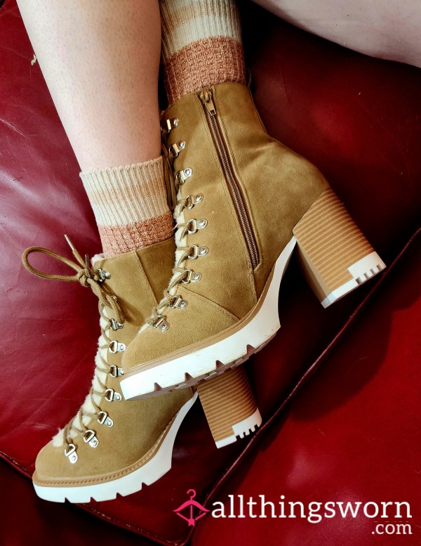 Beige & White Faux Lambskin Lace-Up Side-Zippered High-Heeled Boots