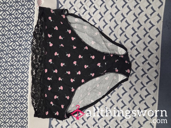 Big Black Lace Trimmed Panties Size 14 With Pink Flowers On