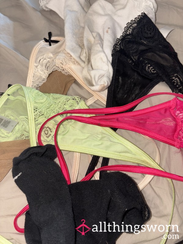 BIG JUMBO LAUNDRY JUMBLE BUNDLE ( 4 G Strings, 1 White Frilly Socks, 1 Black Ankle Socks, 1 Beige Skin Colour Nylon Socks All Worn By Me At Work This Week )