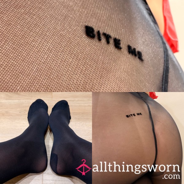 “Bite Me” Embroidered Ultra Sheer Black Pantyhose (Size Small) 🔥