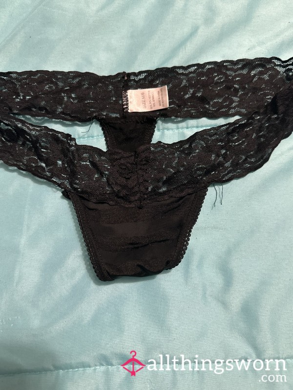 Black And Black Striped W Lace Trim Thong