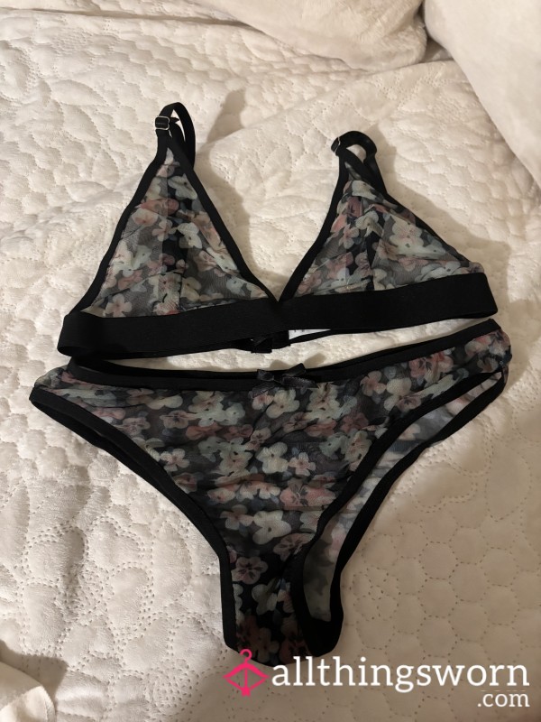 Black And Flor*l Mesh Bralette And Panty Set