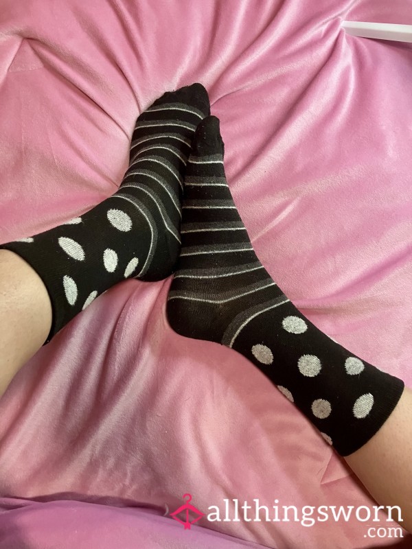 Black And Grey Stripe And Polka Dot Sock Well Worn