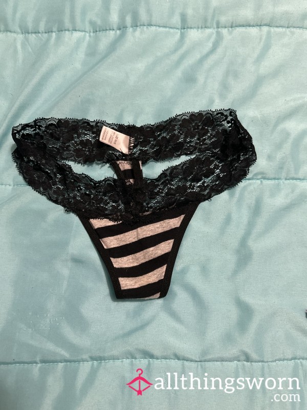 Black And Grey W Lace Trim Thong
