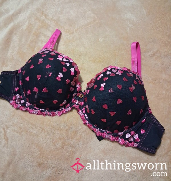 Black And Pink Love Heart Full Cup Bra Well Worn | 24 Hour Wear