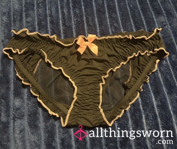 Black And Pink Pretty Sissy Panties. Sheer Fabric With Cute Little Bows On Them. Can Sent Worn Or Unworn Whichever You Prefer.