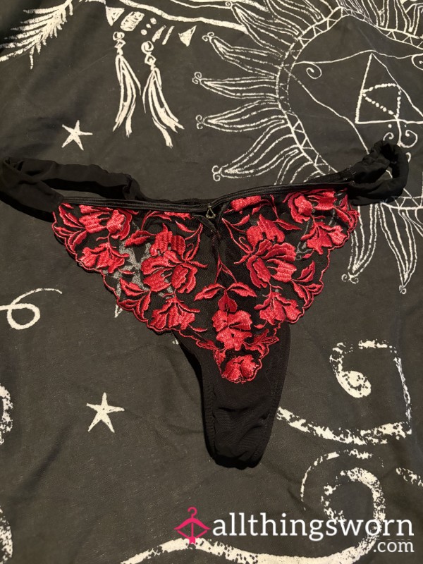 Black And Red Flor*l Lace Thong