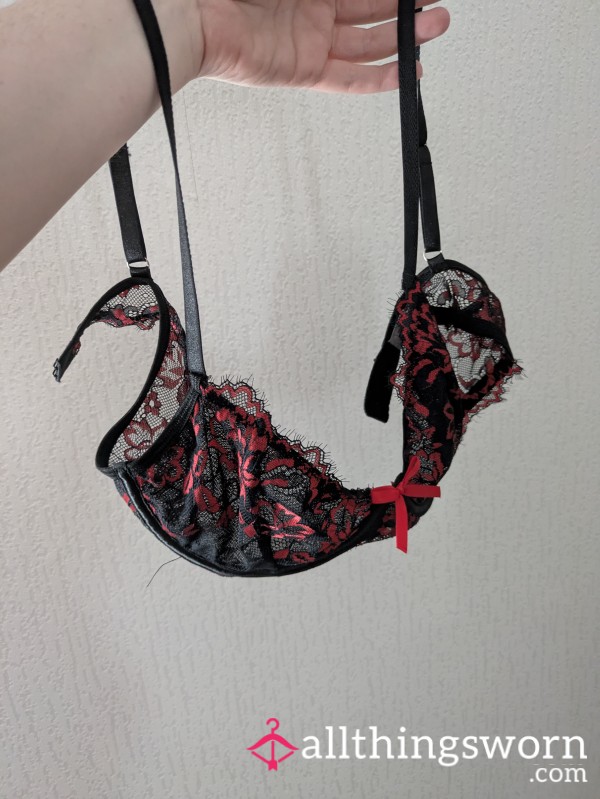 Black And Red Lace Bra S**y Bow Sheer Detail 38B Cup
