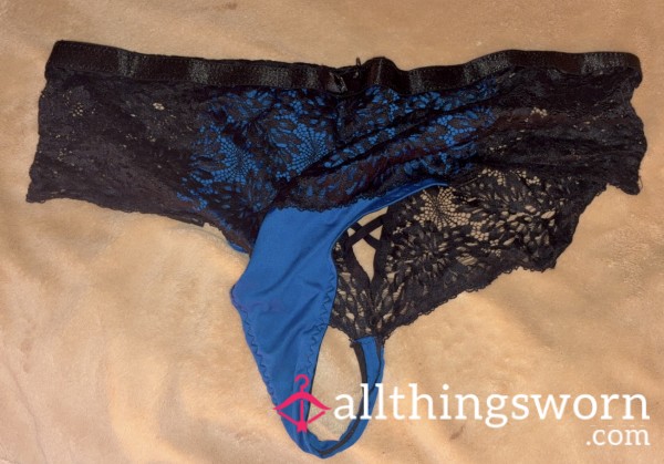 Black And Royal Blue Lacey And Silky Thong!
