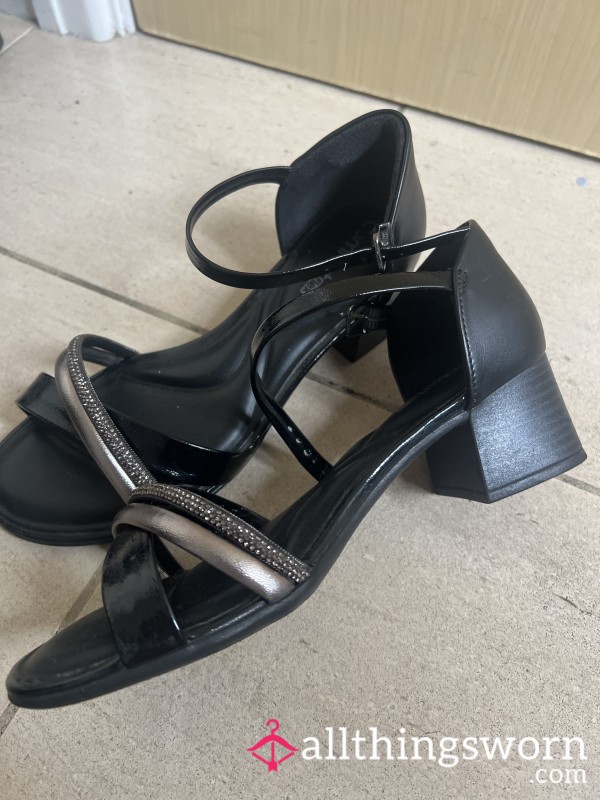 Black And Silver Strapped High Heels