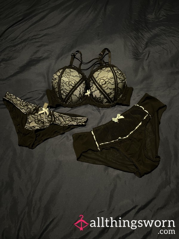 Black And Turquoise Bra And 2x Matching Panties Set Available For Purchase And Custom Wears