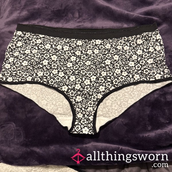 Black And White Flor*l Cotton Fullback Knickers