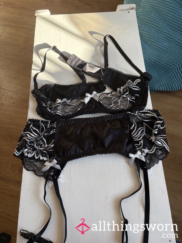 Black And White Lacy Sheer Flor*l Bra And Suspenders
