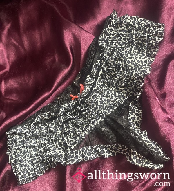 Black And White Leopard Print Frilly Panties With Netted See-through Crotch Ready To Wear