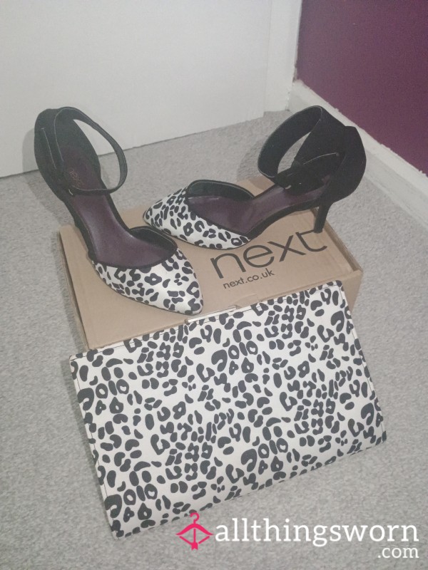 Black And White Leopard Print Kitten Heels With Match Bag Matching Bag