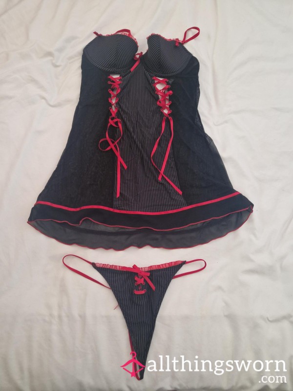 Black And White Pin Stripe Basque With G String (Size 14)