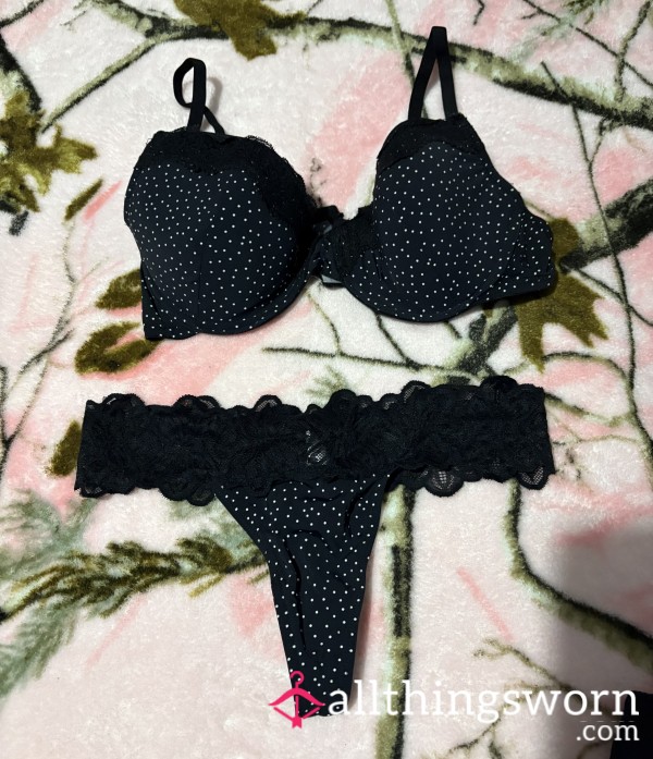 Black And White Polka Dot Bra And Thong With Black Lace Worn By Me All Day