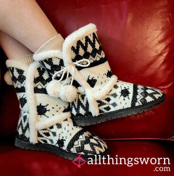 Black And White Super Warm Faux Fur-Lined Winter Boots With Pom-Poms Worn By Tall Tattooed Redhead