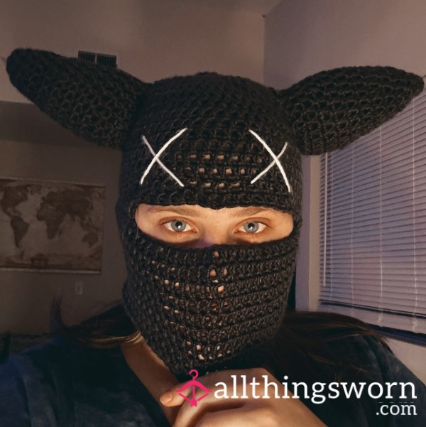 Black Balaclava Domme Crochet Mask - Worn