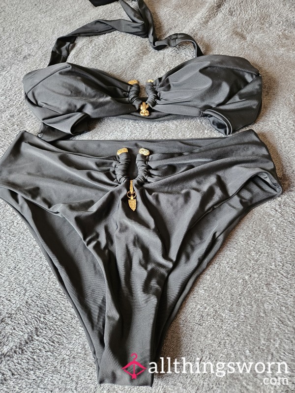 Black Bikini High Waist Full Back With Gold Detail Well Worn By Goddess  Size 1xl