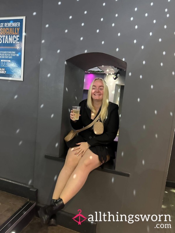 Black Blazer Dress With Skin Coloured Tights😈