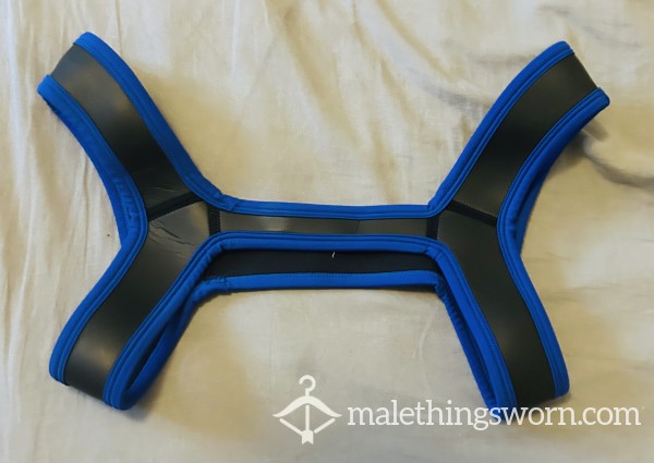 Black & Blue Elastic Body Harness Worn So Other Guy Could Pull On It To Pound Me Hard Then C*m
